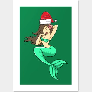 Santa Hat-Wearing Mermaid Funny Christmas Holiday Posters and Art